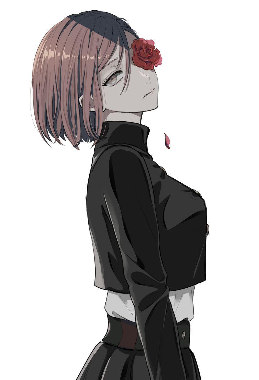 1girl brown_eyes brown_hair commentary flower from_side grimace highres jujutsu_kaisen kugisaki_nobara looking_at_viewer petals red_flower red_rose rose rose_petals sad school_uniform short_hair solo ttkr_n3