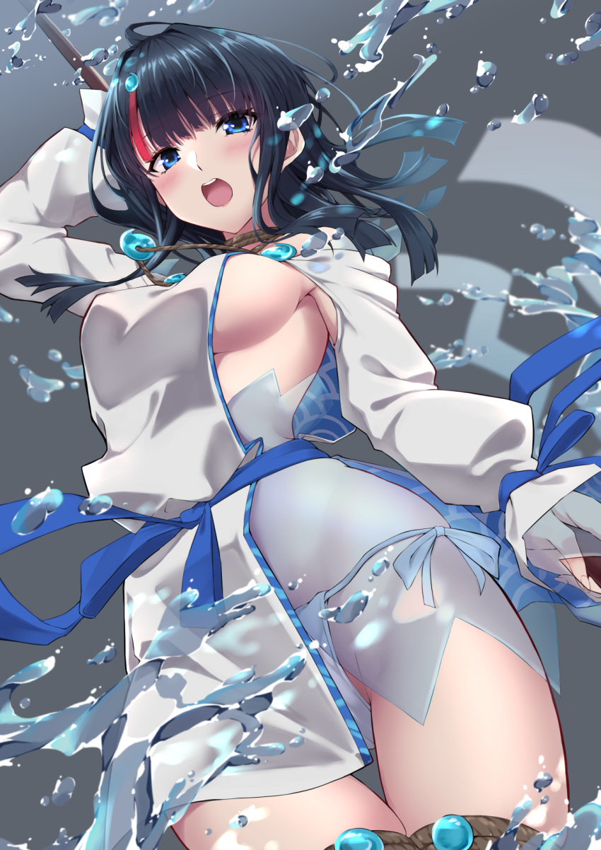 1girl black_hair blue_eyes breasts fate/grand_order fate/requiem fate_(series) fundoshi highres japanese_clothes kagari_leroy magatama multicolored_hair polearm sideboob sideless_outfit spear streaked_hair utsumi_erise water weapon