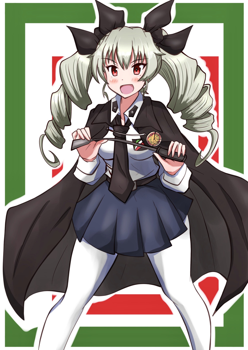 1girl anchovy_(girls_und_panzer) anzio_(emblem) anzio_school_uniform bangs belt black_belt black_cape black_neckwear black_ribbon black_skirt border cape commentary dress_shirt drill_hair emblem eyebrows_visible_through_hair girls_und_panzer green_border green_hair hair_ribbon highres holding long_hair long_sleeves looking_at_viewer meiya miniskirt necktie open_mouth outline pantyhose pleated_skirt red_border red_eyes ribbon riding_crop school_uniform shirt skirt smile solo twin_drills twintails white_legwear white_outline white_shirt wing_collar