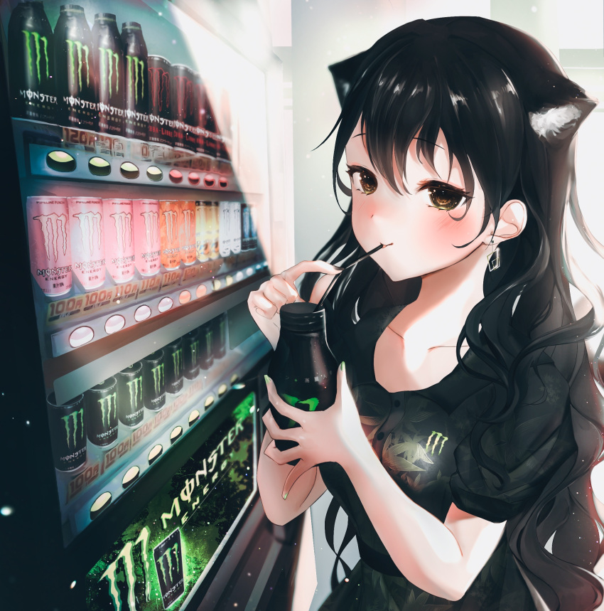 1girl amausagi0000 animal_ears black_hair black_nails black_shirt blush cat_ears drinking drinking_straw earrings green_nails hands_up highres holding jewelry long_hair monster_energy original print_shirt shirt short_sleeves solo upper_body vending_machine