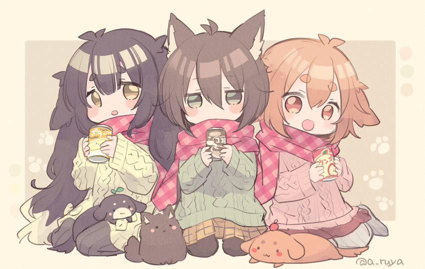 3girls :d animal animal_ear_fluff animal_ears aran_sweater aruya_(flosrota) bangs black_hair black_legwear blush brown_background brown_eyes brown_hair brown_skirt brown_sweater can covered_mouth dog eyebrows_visible_through_hair green_eyes green_sweater grey_legwear hair_between_eyes holding holding_can long_hair long_sleeves multiple_girls open_mouth original pantyhose pink_scrunchie plaid plaid_scarf pleated_skirt red_eyes ribbed_legwear scarf scrunchie shared_scarf short_eyebrows skirt sleeves_past_wrists smile sweater thick_eyebrows twitter_username very_long_hair