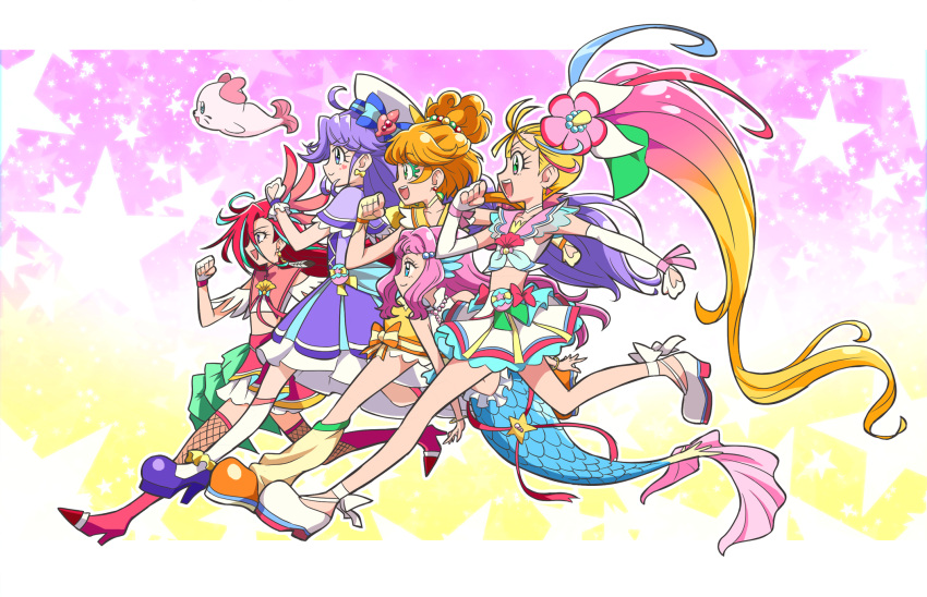 5girls :d ahoge aqua_eyelashes aqua_hair bare_shoulders blonde_hair blue_eyes blue_hair boots border bow bow_earrings bubble_skirt choker clenched_hands closed_mouth clothing_cutout colored_eyelashes commentary_request crop_top cure_coral cure_flamingo cure_papaya cure_summer dress dress_bow earrings elbow_gloves facial_mark feather_earrings feathers fishnet_legwear fishnets floating_hair flower from_side full_body glove_bow gloves gradient gradient_background gradient_hair green_eyes hair_bobbles hair_bow hair_flower hair_intakes hair_ornament hair_strand hat head_fins heart heart_cutout heart_facial_mark heart_in_eye hibiscus high_heel_boots high_heels highres ichinose_minori jewelry jumping kirakira_precure_a_la_mode kneeless_mermaid kururun_(precure) laura_la_mer leg_warmers lipstick long_hair magical_girl makeup mermaid midriff monster_girl multi-tied_hair multicolored_background multicolored_eyes multicolored_hair multiple_girls multiple_hair_bows natsuumi_manatsu neckerchief open_mouth orange_footwear orange_hair outline outside_border parody partial_commentary pink_background pink_hair pouch precure purple_choker purple_hair red_choker redhead round_teeth running sailor_collar sailor_hat scales shoes side_ponytail sideways_mouth skirt smile star_(symbol) starry_background streaked_hair suzumura_sango symbol_in_eye takizawa_asuka teeth thick_eyelashes triangle_earrings tropical-rouge!_precure upper_teeth usoco very_long_hair violet_eyes white_border white_choker white_outline wrist_bow wristband yellow_background yellow_bow yellow_choker yellow_dress yellow_gloves