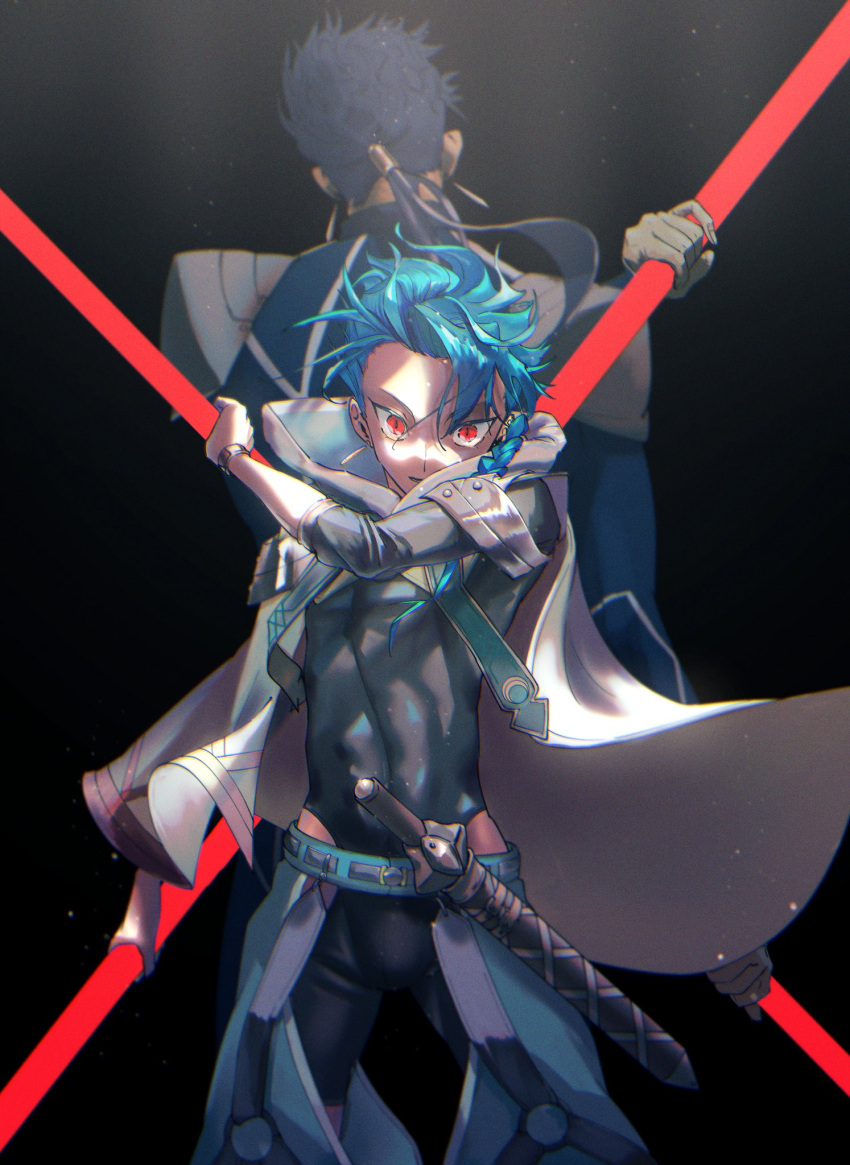 2boys age_difference armor asymmetrical_bangs back-to-back bangs belt black_background blue_hair bodysuit bodysuit_under_clothes bracelet braid braided_ponytail capelet child clothing_cutout cu_chulainn_(fate)_(all) dagger earrings fate/grand_order fate/grand_order_arcade fate/stay_night fate_(series) floating_hair height_difference highres holding holding_polearm holding_weapon jewelry lancer long_hair male_focus monolu multiple_boys multiple_persona pauldrons polearm ponytail popped_collar red_eyes scabbard setanta_(fate) sheath shoulder_armor simple_background skin_tight slit_pupils spiky_hair thigh_cutout weapon