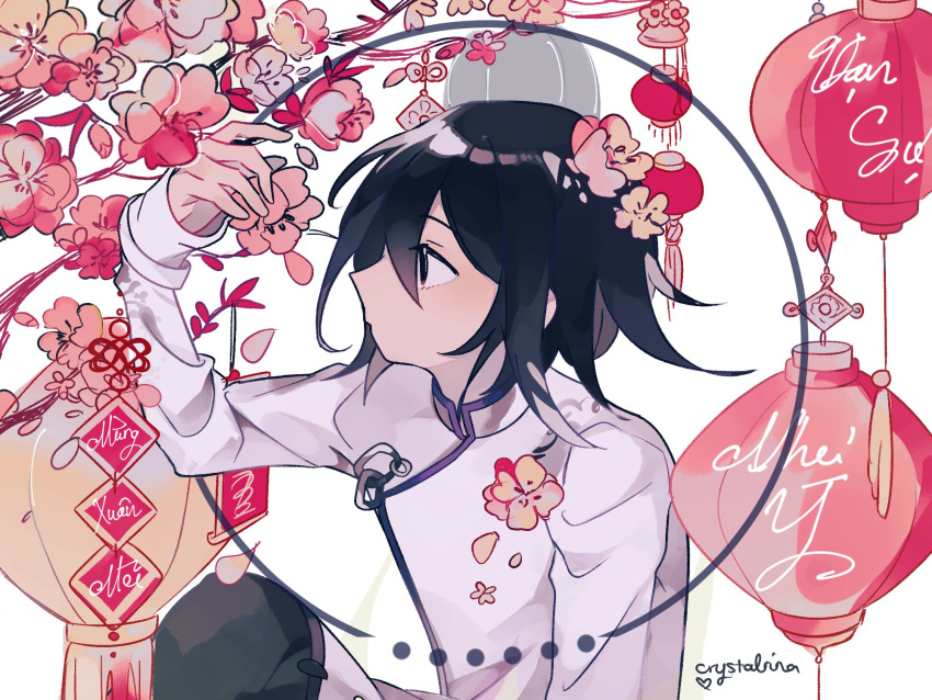 1boy alternate_costume artist_name bangs black_eyes black_hair black_pants cherry_blossoms closed_mouth commentary dangan_ronpa_(series) dangan_ronpa_v3:_killing_harmony flower hair_between_eyes hair_flower hair_ornament hand_up hat highres jacket knee_up lampion long_sleeves looking_to_the_side male_focus ouma_kokichi pants pink_flower red_flower rina_(crystalrina) shiny shiny_hair short_hair sleeves_past_wrists solo upper_body white_background white_jacket