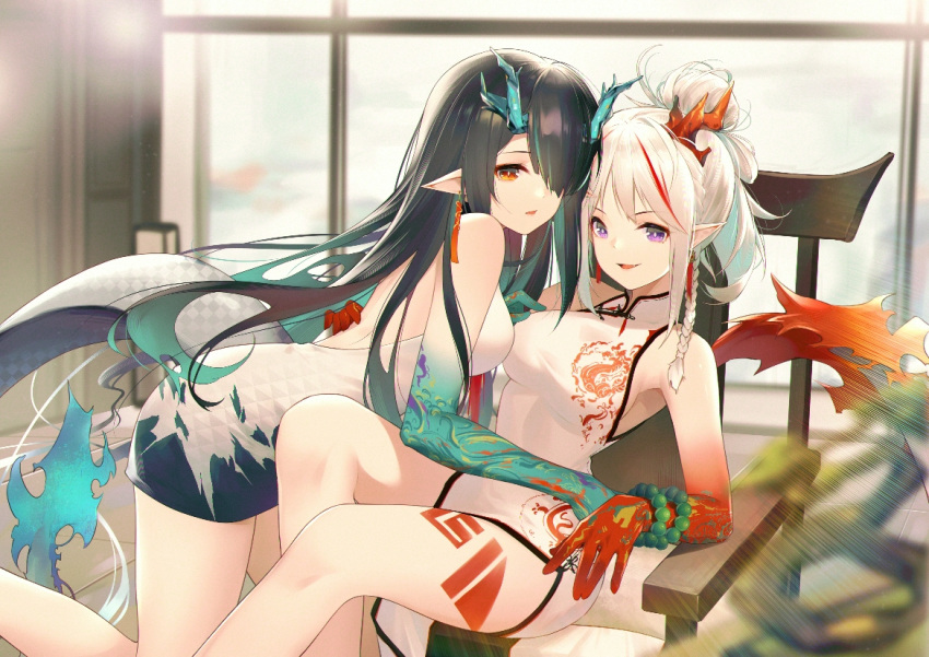 2girls :d arknights ass bangs bare_arms bare_legs bare_shoulders bead_bracelet beads black_hair bracelet braid breasts china_dress chinese_clothes commentary_request dress dusk_(arknights) hair_over_one_eye jewelry jiusan_naitan looking_at_viewer medium_breasts multicolored_hair multiple_girls nian_(arknights) nian_(unfettered_freedom)_(arknights) official_alternate_costume open_mouth parted_lips pointy_ears redhead siblings silver_hair sisters sleeveless sleeveless_dress smile streaked_hair thighs white_dress