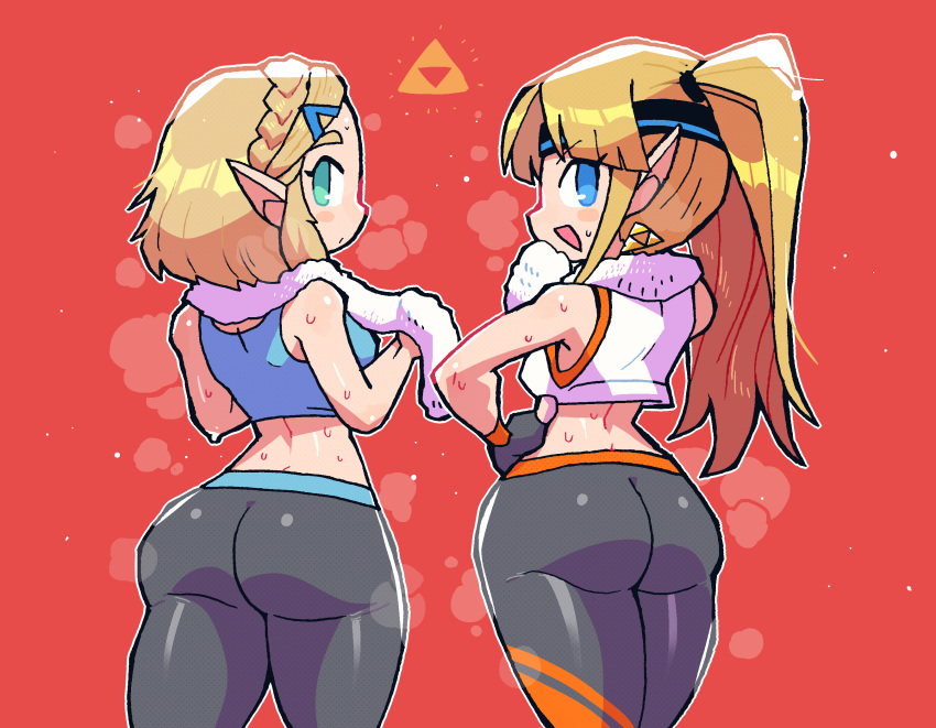2girls ass blonde_hair blue_eyes braid cosplay crown_braid dual_persona earrings from_behind green_eyes headband highres jewelry light_blush looking_at_viewer looking_back multiple_girls nintendo pants pointy_ears ponytail princess_zelda rariatto_(ganguri) red_background ring_fit_adventure ring_fit_trainee ring_fit_trainee_(cosplay) short_hair steaming_body sweat tank_top the_legend_of_zelda the_legend_of_zelda:_a_link_to_the_past the_legend_of_zelda:_breath_of_the_wild towel towel_around_neck triforce wii_fit wii_fit_trainer wii_fit_trainer_(cosplay) yoga_pants