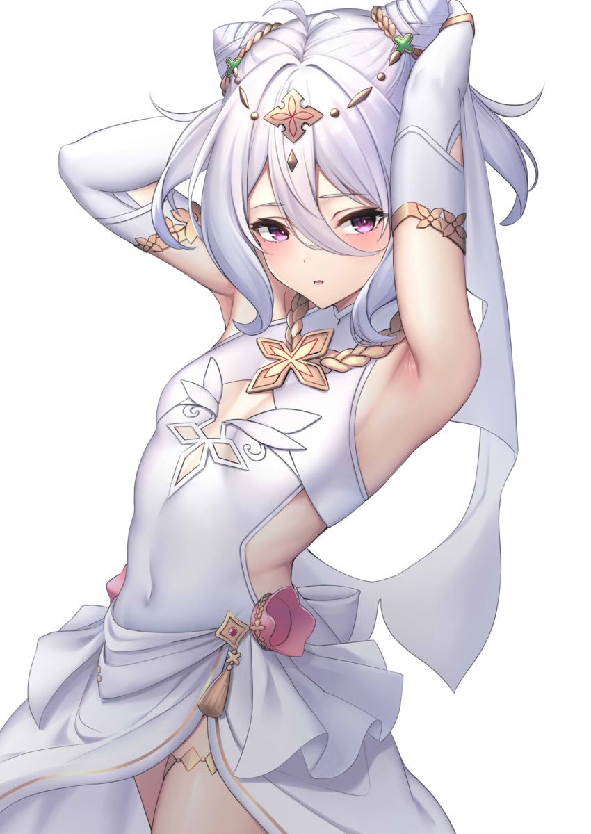 1girl ahoge armpits arms_up bare_shoulders bridal_gauntlets cleavage_cutout clothing_cutout covered_navel cowboy_shot dress flat_chest gold_trim hair_between_eyes hair_ears highres kokkoro_(princess_connect!) long_hair looking_at_viewer parted_lips princess_connect! princess_connect!_re:dive sideless_outfit simple_background solo thighlet tiara violet_eyes wedding_dress white_background white_dress white_hair ym_(distance819)