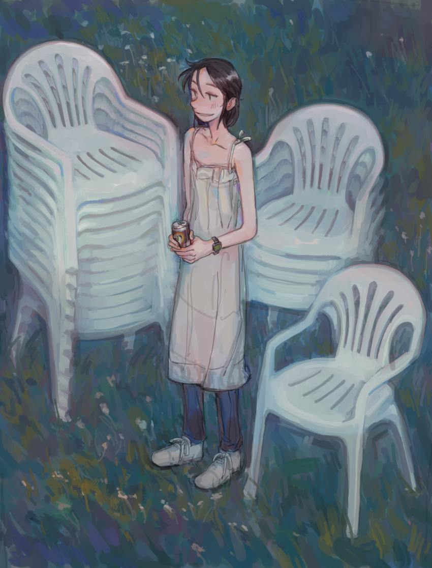 1girl black_hair blue_pants can chair dress highres holding holding_can original pants parted_lips season_(artist) shoes smile solo stack standing watch watch white_dress white_footwear wide_shot
