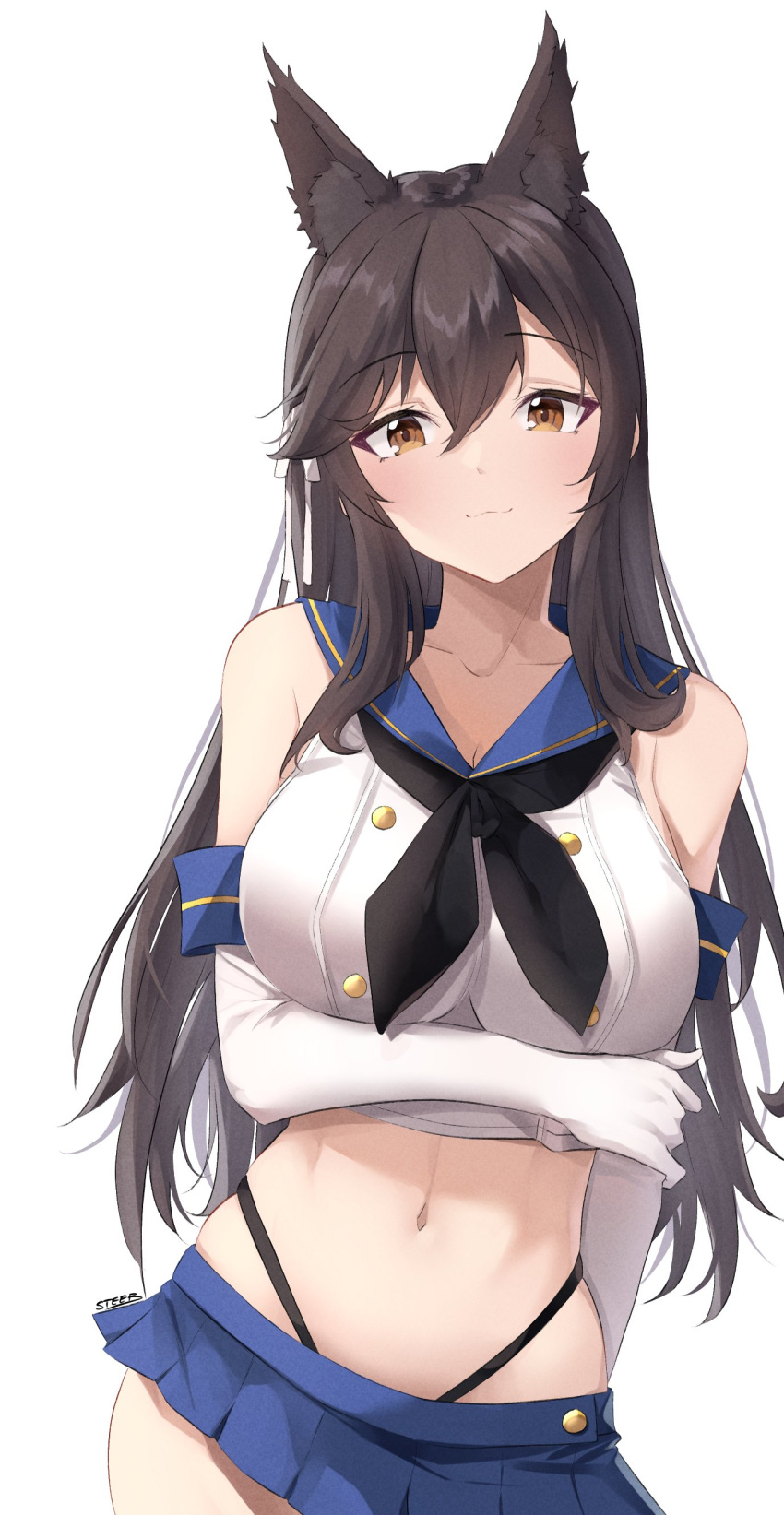 1girl absurdres animal_ears arm_under_breasts atago_(azur_lane) azur_lane bangs bare_shoulders black_hair black_neckwear blue_sailor_collar blue_skirt breasts brown_eyes collarbone commission cosplay cowboy_shot elbow_gloves extra_ears eyebrows_visible_through_hair gloves hair_ribbon highres large_breasts long_hair looking_at_viewer microskirt midriff navel neckerchief ribbon sailor_collar shimakaze_(kancolle) shimakaze_(kancolle)_(cosplay) shirt sidelocks simple_background skirt smile solo steeb white_background white_gloves white_ribbon white_shirt