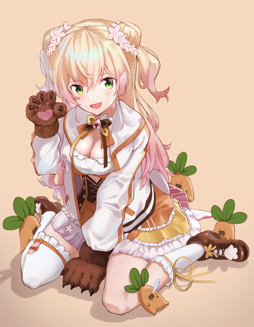 1girl :d apple_field asymmetrical_legwear bangs bear_paws bell blonde_hair boots bow bowtie brown_footwear claw_pose corset cutout_above_navel double_bun dress dress_flower fang flower frilled_dress frilled_legwear frills gloves gradient_hair green_eyes hair_between_eyes hair_flower hair_ornament highres hololive jacket jingle_bell layered_dress long_hair long_sleeves looking_at_viewer lying momosuzu_nene multicolored_hair multicolored_neckwear neck_bell nekko_(momosuzu_nene) on_back open_mouth orange_dress paw_gloves paws pink_hair single_sock single_thighhigh sitting skin_fang smile socks solo thigh-highs two_side_up underbust virtual_youtuber wariza white_jacket white_legwear yellow_dress