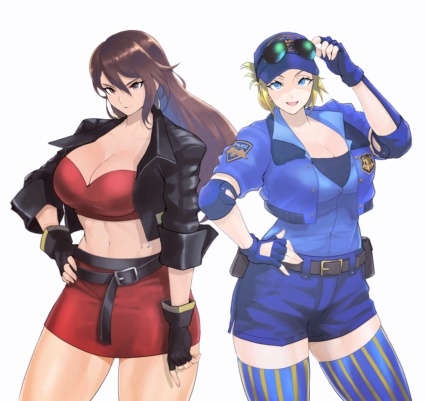 2girls absurdres anagumasan bare_knuckle bare_knuckle_iv belt black_gloves black_jacket blaze_fielding blonde_hair blue_eyes blue_gloves blue_shirt blue_shorts brown_eyes brown_hair cowboy_shot eyewear_on_headwear final_fight fingerless_gloves gloves hand_on_hip highres jacket long_hair lucia_morgan multiple_girls police police_badge police_uniform policewoman red_skirt shadow shirt shirt_tucked_in short_sleeves shorts simple_background skirt street_fighter street_fighter_v thigh-highs uniform white_background