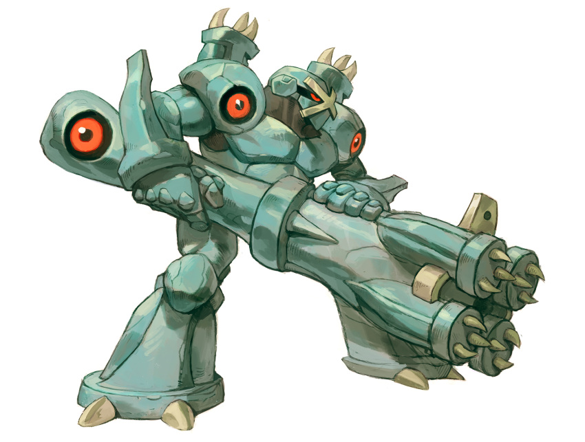 1boy black_eyes colored_sclera extra_eyes full_body garrett_hanna gen_3_pokemon gun highres holding holding_gun holding_weapon huge_weapon ironsights metagross monster_hunter_(series) pokemon red_sclera solo spiked_armlet spikes weapon white_background