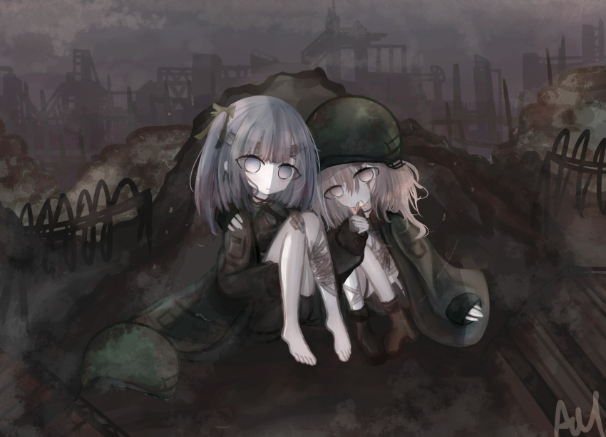 2girls aiu_. arm_around_shoulder bandaged_head bandaged_leg bandages bangs bare_legs barefoot blood boots empty_eyes expressionless grey_eyes grey_hair hair_between_eyes helmet highres jacket lighting_cigarette long_hair looking_at_viewer military military_uniform multiple_girls no_nose on_ground original ruins side_ponytail signature sitting smoking uniform war