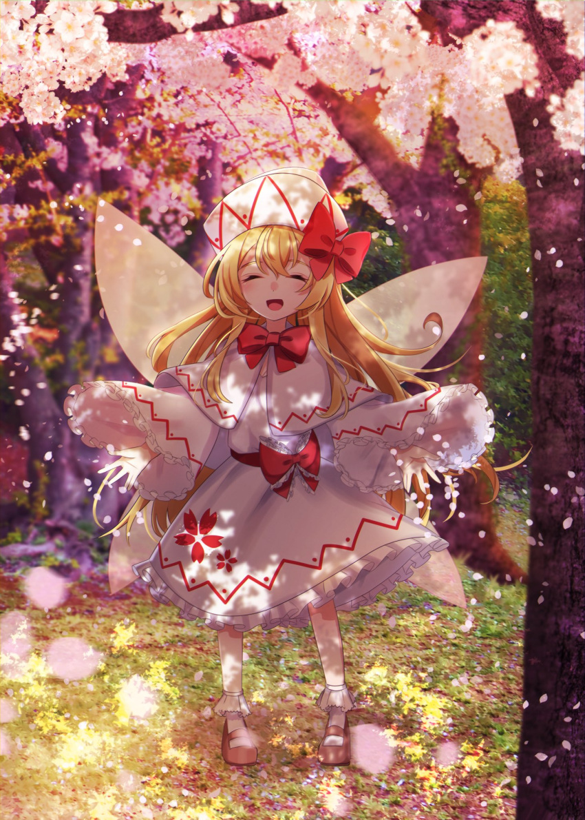 ametama_(runarunaruta5656) blonde_hair bobby_socks bow capelet dress eyebrows_visible_through_hair fairy fairy_wings frilled_dress frilled_sleeves frills full_body happy hat hat_bow highres lily_white long_hair long_sleeves mary_janes open_mouth outdoors petals red_bow shoes socks standing touhou white_dress white_headwear wide_sleeves wings