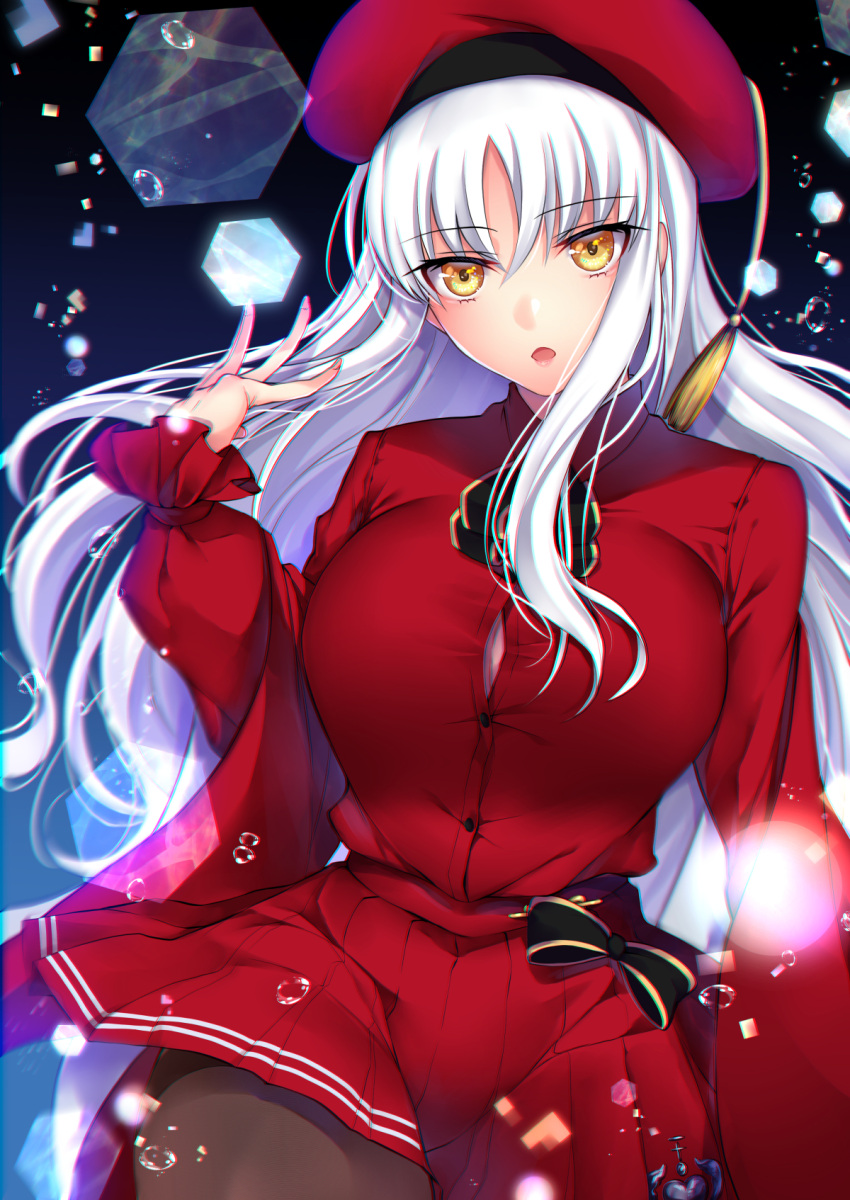 1girl bangs beret breasts brooch brown_legwear caren_hortensia caren_hortensia_(amor_caren) chikage_(blackclownery) dress fate/grand_order fate_(series) hat highres jewelry large_breasts long_hair long_sleeves looking_at_viewer neck_ribbon open_mouth pantyhose red_dress red_headwear ribbon shawl wavy_hair white_hair yellow_eyes