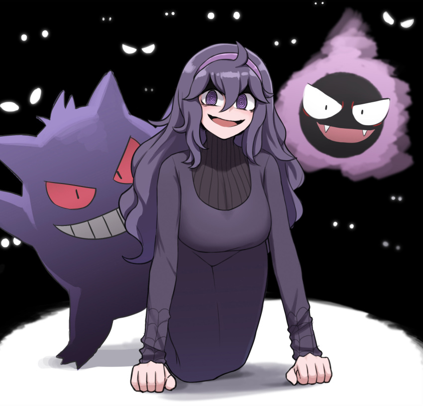 @_@ all_fours bags_under_eyes black_dress colored_sclera darkness dress english_commentary gastly gen_1_pokemon gengar glowing glowing_eyes hair_between_eyes hairband hex_maniac_(pokemon) highres long_dress long_hair looking_at_viewer mata_(matasoup) messy_hair open_mouth pokemon pokemon_(game) pokemon_xy purple_hairband red_sclera smile spiral_eyes teeth turtleneck violet_eyes