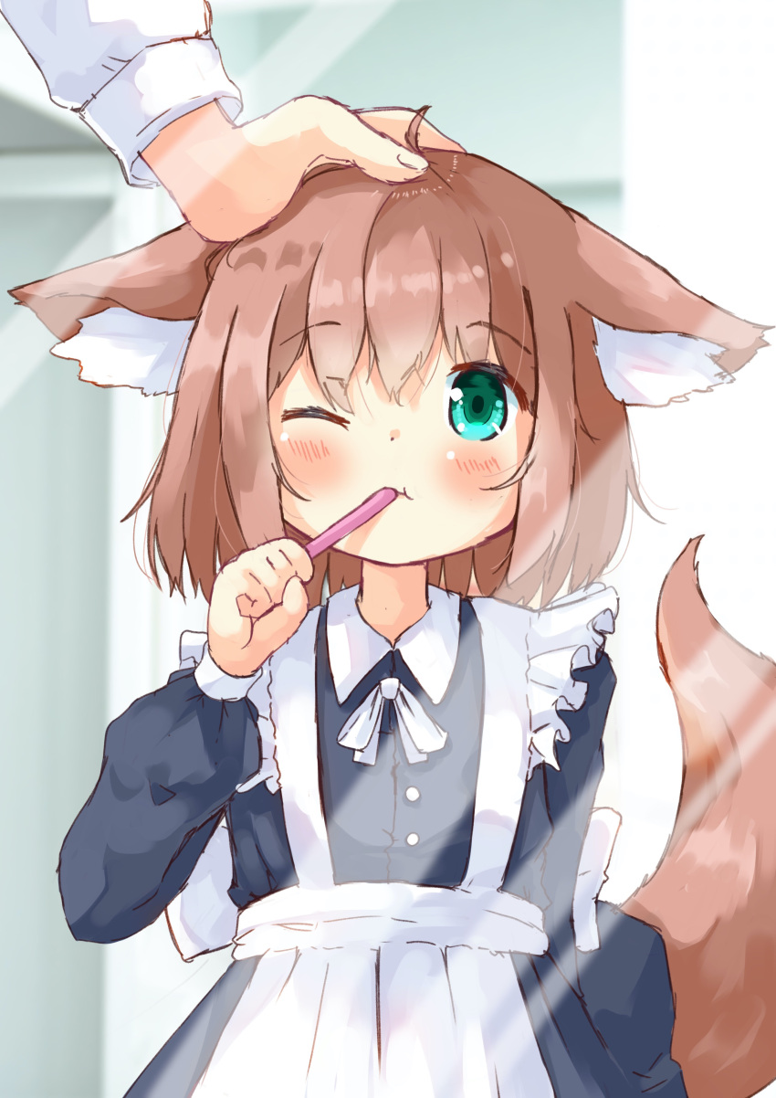 1girl absurdres animal_ear_fluff animal_ears aqua_eyes brown_hair brushing_teeth child commentary_request dog_ears dog_girl dog_tail ears_down hand_on_another's_head highres long_sleeves maid manabe_mana one_eye_closed original short_hair solo_focus tail