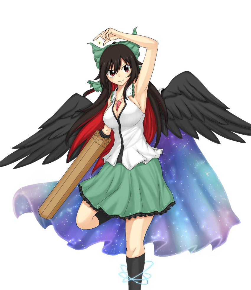 1girl abyss_arts arm_cannon arm_over_head atom bird_wings black_hair black_legwear black_wings blouse bow breasts brown_eyes cape collared_blouse control_rod frilled_skirt frills green_bow green_skirt hair_bow highres kneehighs large_breasts long_hair multicolored_hair redhead reiuji_utsuho simple_background skirt sleeveless sleeveless_blouse solo standing standing_on_one_leg starry_sky_print third_eye touhou weapon white_background white_blouse wings