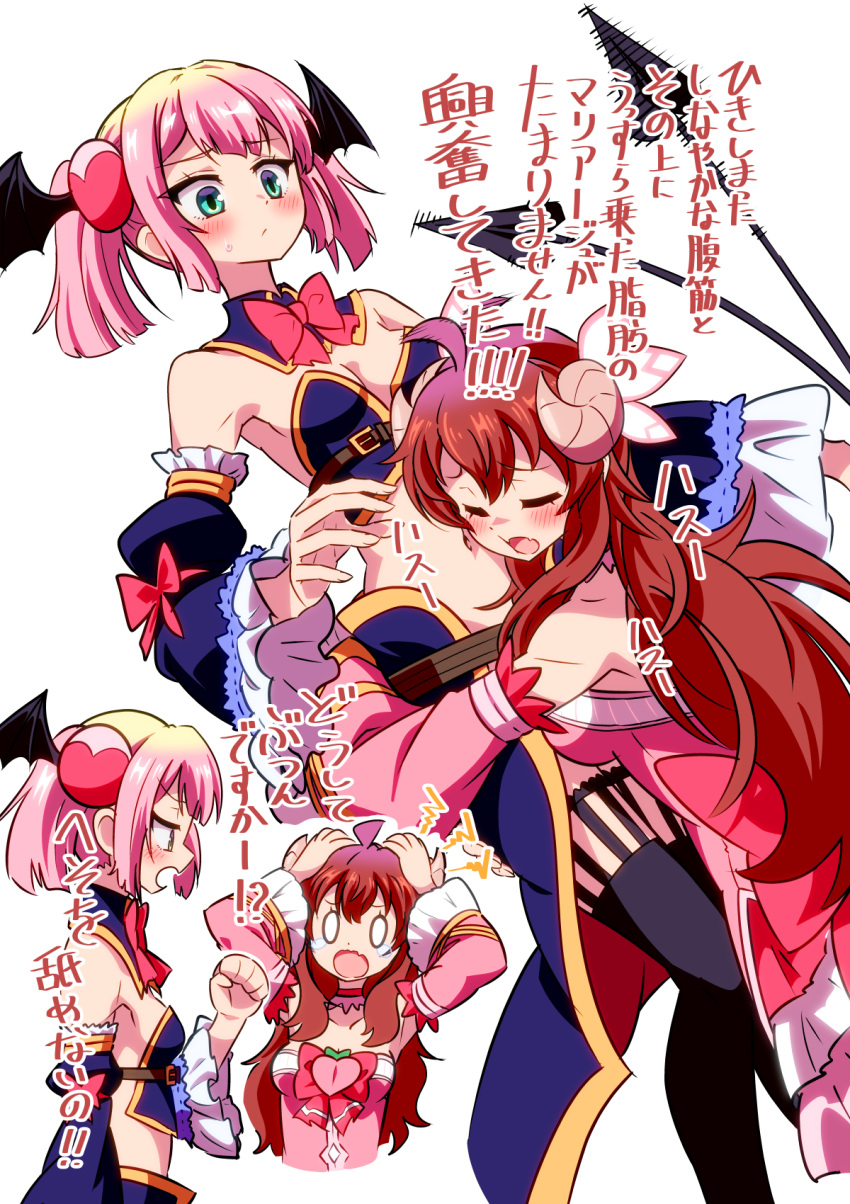 2girls ahoge blush boots brown_eyes brown_hair chiyoda_momo chiyoda_momo_(cosplay) cosplay costume_switch demon_girl demon_horns demon_tail expressive_tail eyebrows_visible_through_hair garter_straps hair_ornament highres hiroshix31 horns long_hair machikado_mazoku magical_girl multiple_girls navel open_mouth pink_hair shiny shiny_hair short_hair simple_background skirt tail tail_wagging tears thigh-highs thigh_boots translated yoshida_yuuko_(machikado_mazoku) yoshida_yuuko_(machikado_mazoku)_(cosplay) yuri