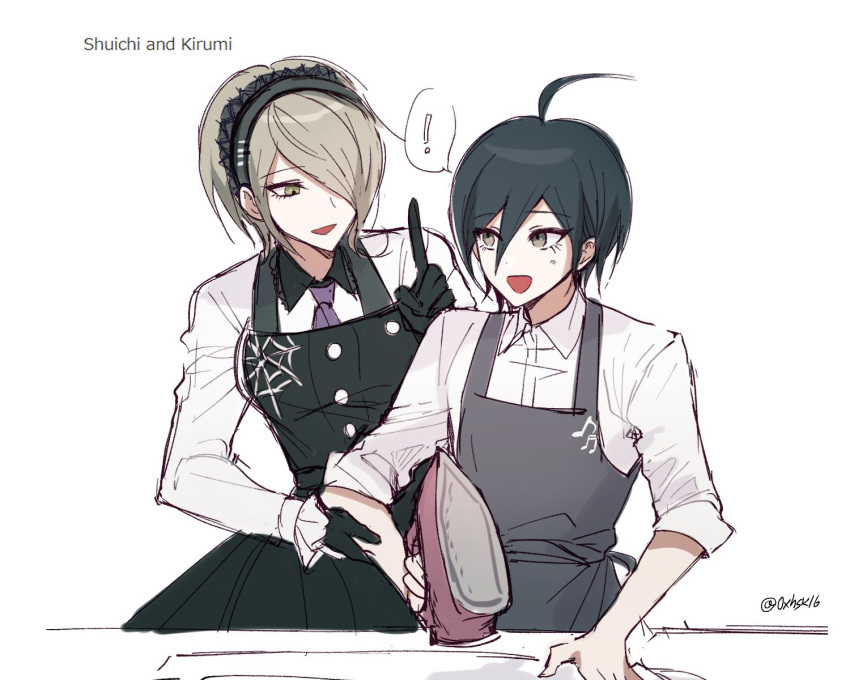 ! 16_(0xhsk16) 1boy 1girl :d ahoge alternate_costume apron bangs black_dress black_gloves black_hair blonde_hair brown_eyes character_name collared_shirt commentary dangan_ronpa_(series) dangan_ronpa_v3:_killing_harmony dress gloves green_eyes grey_apron hair_over_one_eye hand_up highres holding ironing looking_at_another looking_at_viewer musical_note musical_note_print necktie open_mouth pale_skin pinafore_dress saihara_shuuichi shirt short_hair simple_background smile sweatdrop toujou_kirumi twitter_username white_background white_shirt