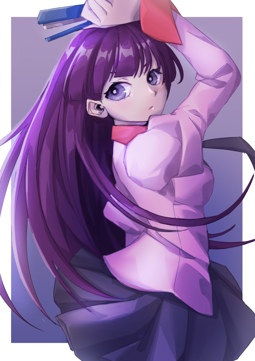 1girl arm_up bakemonogatari bangs commentary expressionless highres holding juliet_sleeves long_hair long_sleeves looking_back monogatari_(series) myuga66666 naoetsu_high_school_uniform outside_border parted_lips pink_shirt pleated_skirt puffy_sleeves purple_background purple_hair purple_skirt school_uniform senjougahara_hitagi shirt skirt solo stapler very_long_hair violet_eyes