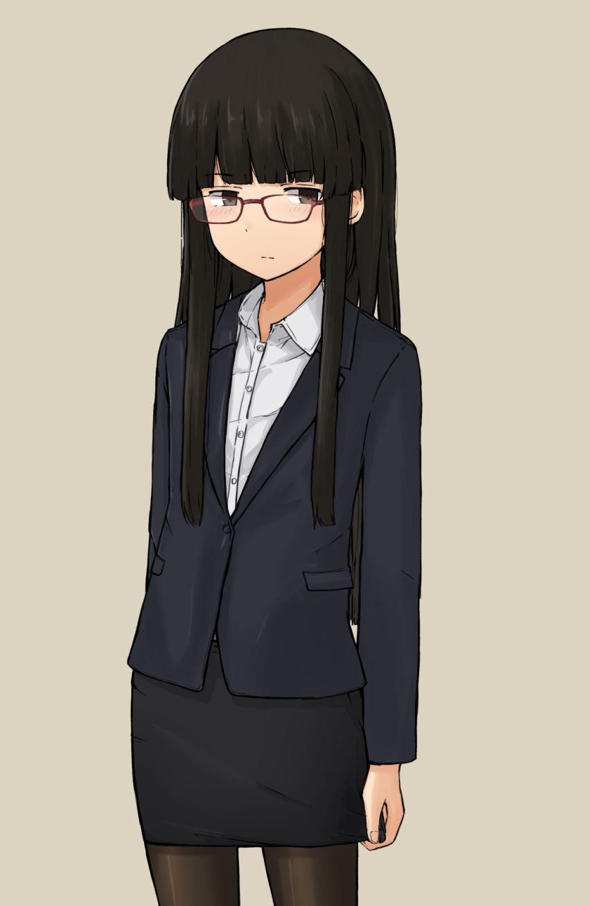 1girl alternate_costume bangs blunt_bangs brown_eyes brown_hair chagamaka expressionless eyewear_on_head flat_chest hatsuyuki_(kancolle) highres kantai_collection long_hair looking_to_the_side office_lady pantyhose sidelocks solo very_long_hair