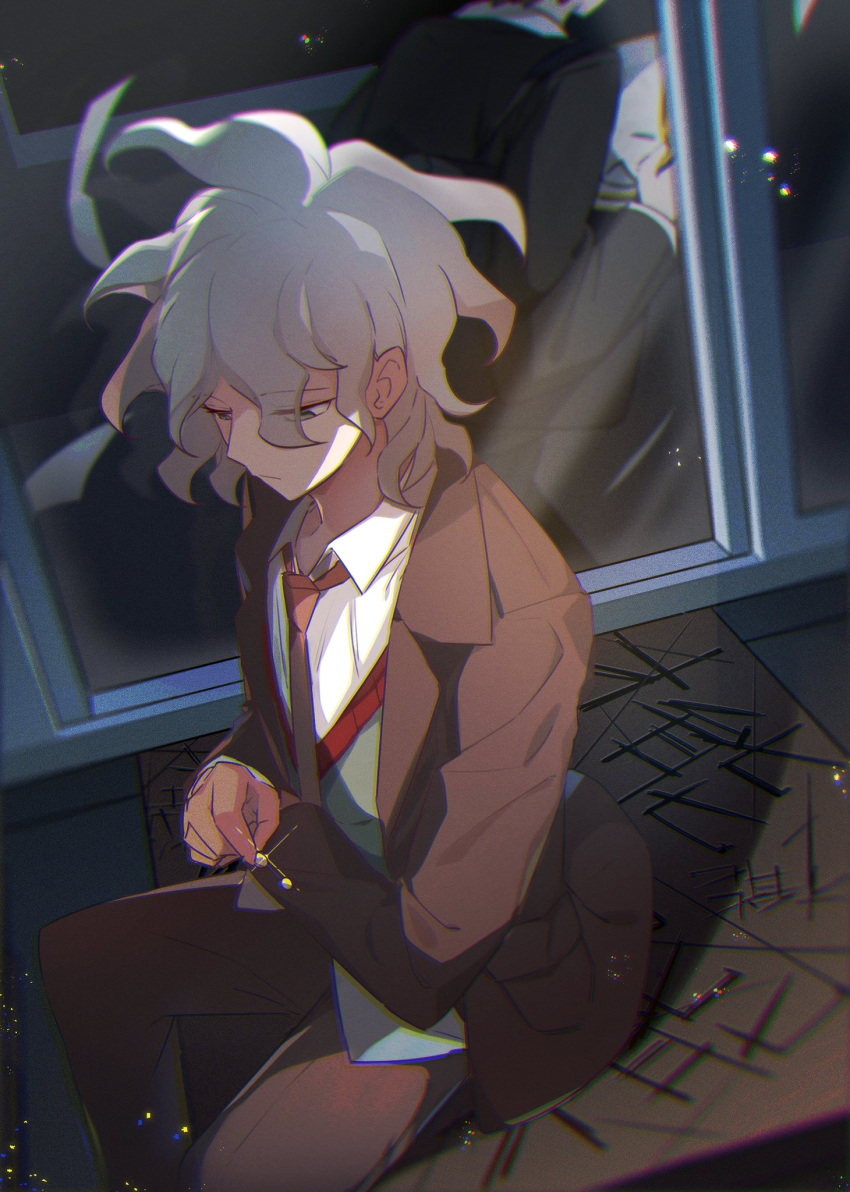 2boys bangs brown_jacket brown_pants closed_mouth collared_shirt commentary_request dangan_ronpa_(series) dangan_ronpa_3_(anime) feet_out_of_frame formal from_above grey_hair highres hope's_peak_academy_school_uniform jacket komaeda_nagito long_sleeves male_focus medium_hair messy_hair midou_(grk12138) multiple_boys necktie open_clothes open_jacket pants red_neckwear school_uniform shirt sitting solo_focus vest white_shirt