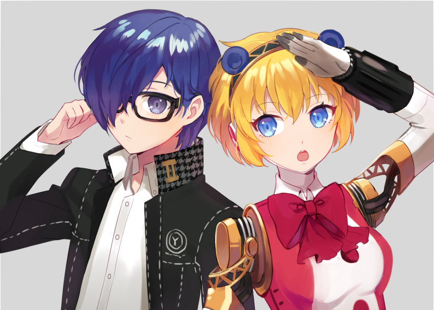 1boy 1girl aegis_(persona) android bangs black_headwear blazer blonde_hair blue_eyes blue_hair bow byoru closed_mouth collared_shirt glasses grey_background hair_between_eyes hair_over_one_eye hand_on_eyewear highres jacket joints long_sleeves looking_at_viewer open_mouth persona persona_3 red_neckwear robot_joints salute shiny shiny_hair shirt short_hair sidelocks simple_background straight-arm_salute white_shirt yuuki_makoto
