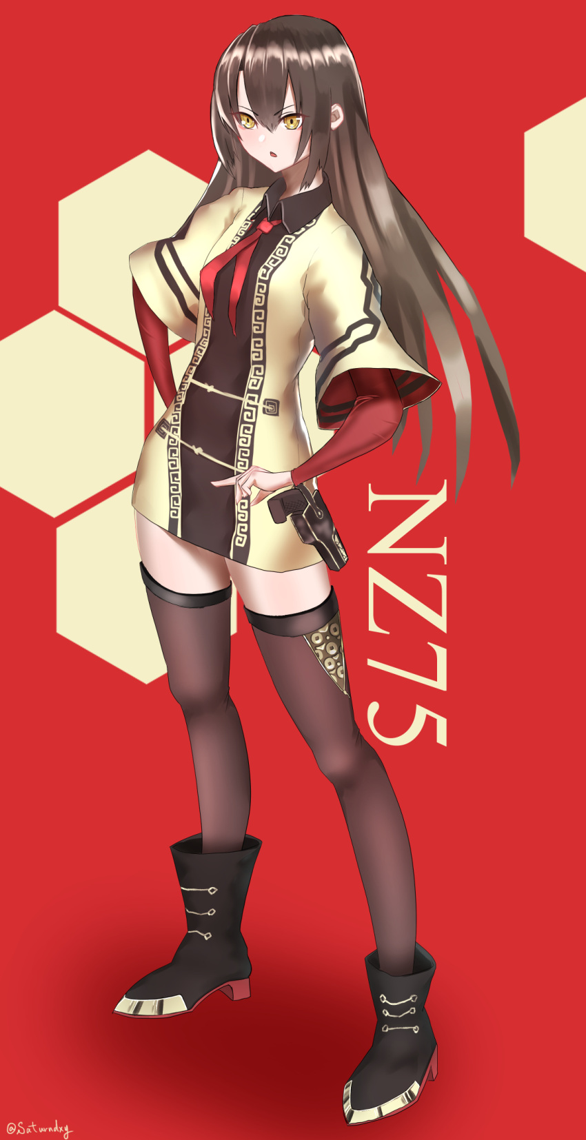 1girl black_footwear black_legwear blush boots brown_eyes brown_hair character_name dress eyebrows_visible_through_hair girls_frontline highres holster holstered_weapon long_hair looking_away necktie nz_75_(girls_frontline) open_mouth red_neckwear saturndxy simple_background solo standing thigh-highs