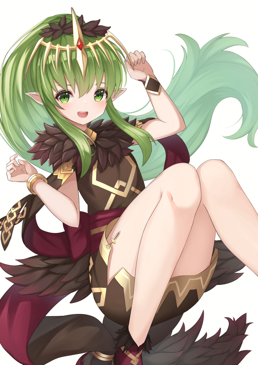 1girl :d absurdres arm_up bangs brown_dress commentary_request dress eyebrows_behind_hair feet_out_of_frame fire_emblem fire_emblem_heroes floating_hair fur-trimmed_dress fur_trim green_eyes green_hair hair_between_eyes hako_momiji hand_up headpiece high_ponytail highres knees_together_feet_apart knees_up long_hair looking_at_viewer open_mouth ponytail simple_background smile solo tiki_(fire_emblem) upper_teeth very_long_hair white_background