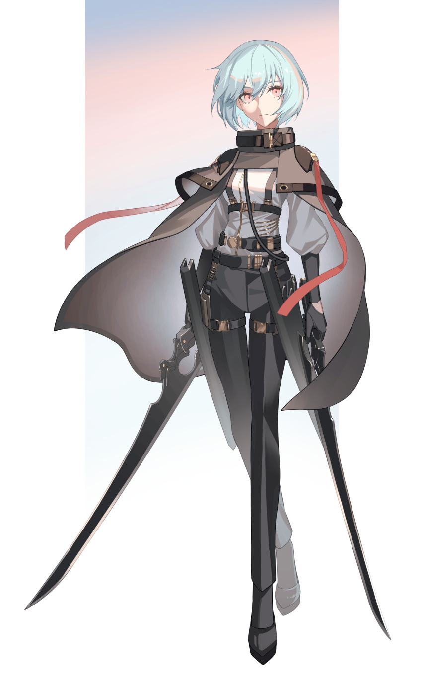 1girl absurdres black_gloves black_pants blue_hair cloak commentary_request crossed_legs dual_wielding expressionless full_body gloves highres holding holding_sword holding_weapon looking_at_viewer original pants red_eyes sheath shirt short_hair simple_background solo standing sword tsuki-shigure unsheathed watson_cross weapon white_shirt