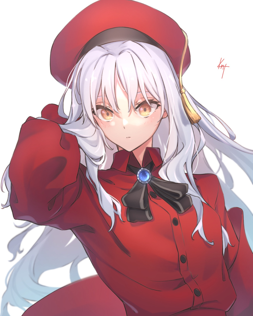1girl arm_behind_head bangs beret breasts brooch caren_hortensia caren_hortensia_(amor_caren) dress fate/grand_order fate_(series) hat highres jewelry knt_(pixiv52732968) long_hair long_sleeves looking_at_viewer medium_breasts neck_ribbon red_dress red_headwear ribbon shawl wavy_hair white_hair yellow_eyes