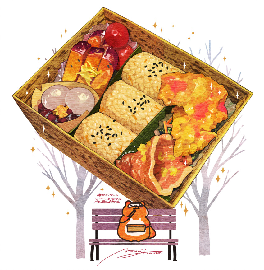 absurdres bear bench chopsticks eating food food_focus food_request fruit highres meat momiji_mao no_humans obentou original realistic rice sesame_seeds signature simple_background sparkle still_life tree vegetable white_background