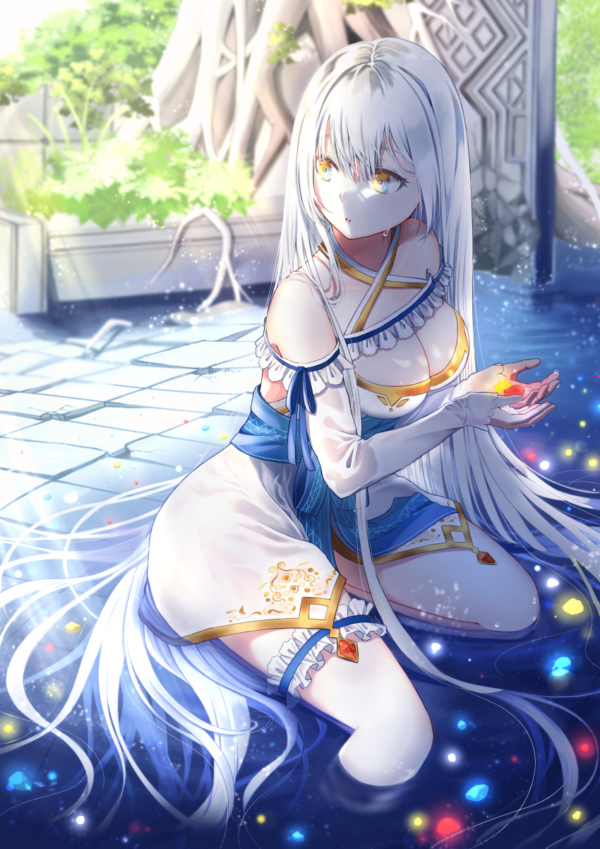 1girl absurdly_long_hair absurdres blue_eyes breasts commentary_request eyebrows_behind_hair garters gem highres holding_gemstone huge_filesize long_hair long_sleeves medium_breasts multicolored multicolored_eyes original partially_submerged solo tobi_(pixiv41237754) very_long_hair white_hair yellow_eyes