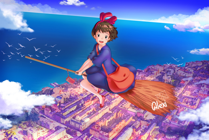 1girl absurdres alexi_ansell bag bangs bird black_dress black_hair broom broom_riding brown_bag clouds dated dress hairband highres kiki looking_at_viewer majo_no_takkyuubin open_mouth red_footwear red_hairband shoes short_hair short_sleeves shoulder_bag signature smile solo water wide_shot