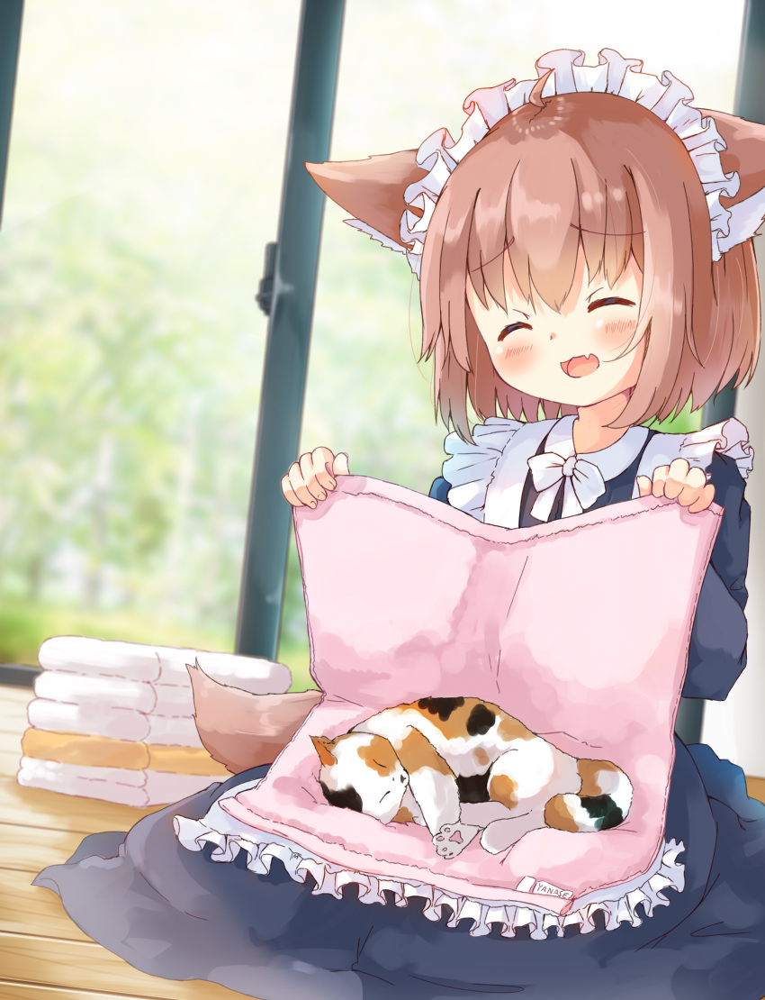 1girl :d ^_^ absurdres animal_ear_fluff animal_ears animal_on_lap brown_hair cat cat_on_lap closed_eyes dog_ears dog_girl dog_tail dress ears_down fang floor full_body highres indoors long_sleeves maid maid_headdress manabe_mana open_mouth original short_hair skin_fang smile tail towel wooden_floor