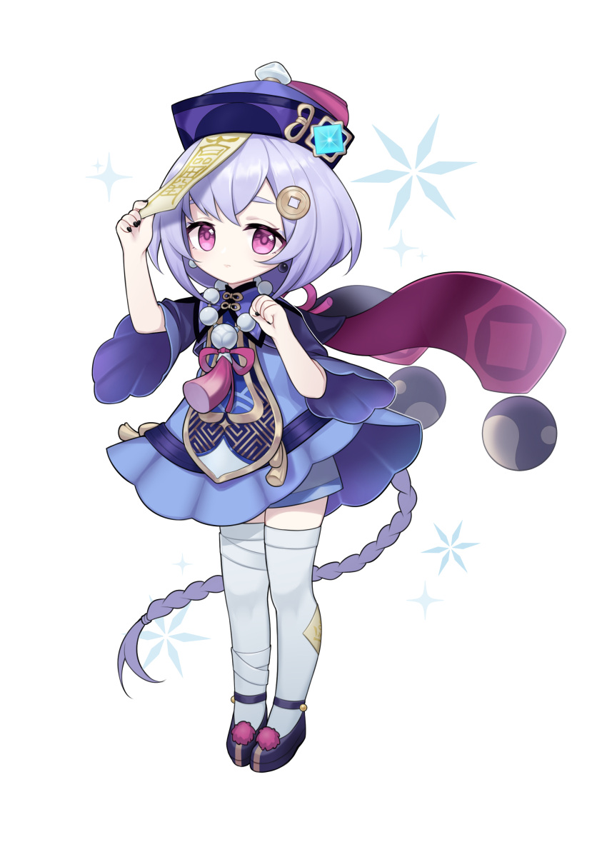 1girl absurdres bangs bead_necklace beads black_nails blue_dress braid dress genshin_impact hair_ornament hat highres jewelry jiangshi kbn317 long_hair looking_at_viewer necklace ofuda purple_hair purple_headwear qing_guanmao qiqi_(genshin_impact) short_hair simple_background solo standing thigh-highs violet_eyes white_background white_legwear wide_sleeves