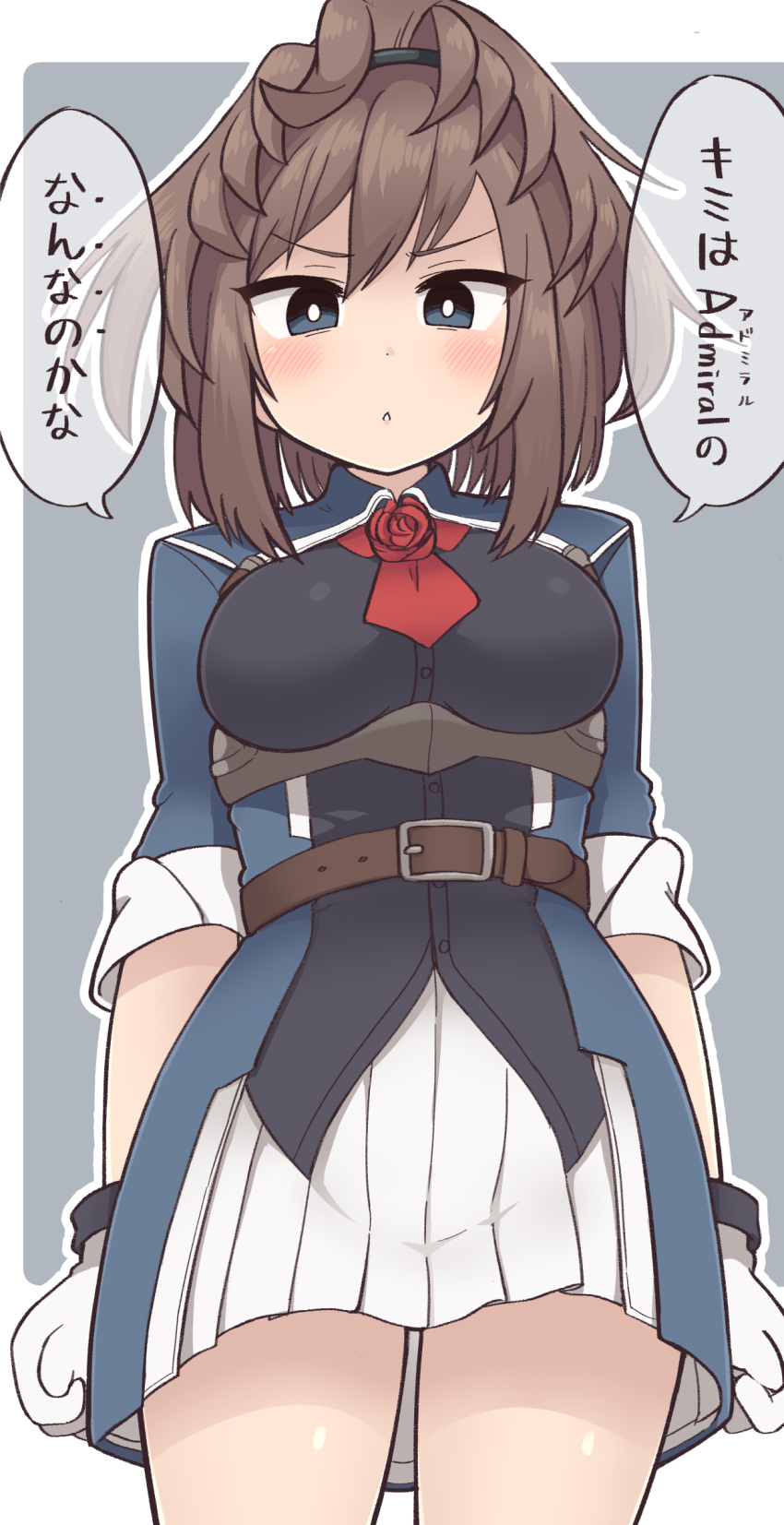 1girl absurdres ascot belt belt_buckle blue_eyes blush breasts brown_belt brown_hair buckle cowboy_shot flower gloves hair_between_eyes highres kantai_collection long_hair medium_breasts messy_hair military military_uniform parted_lips pleated_skirt ponytail red_flower red_neckwear red_rose rose sheffield_(kancolle) simoyuki skirt solo speech_bubble translation_request uniform white_gloves white_skirt