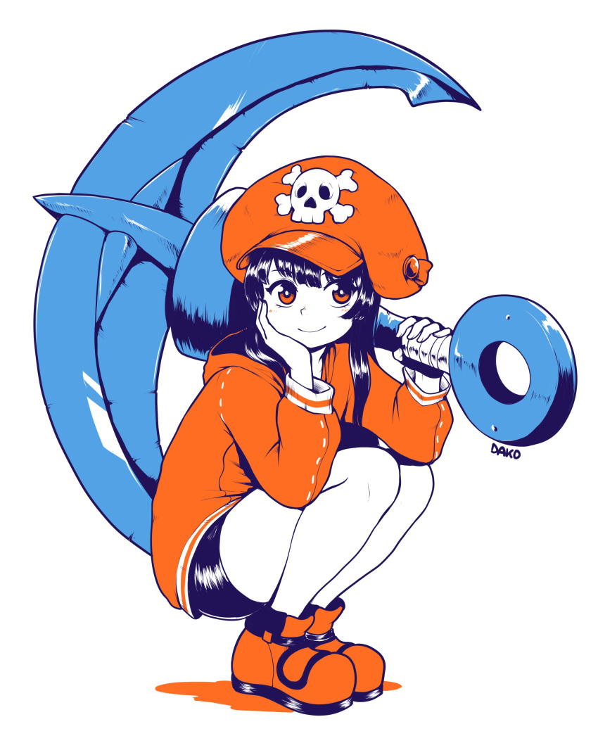 1girl absurdres anchor artist_name bangs bike_shorts black_shorts cabbie_hat dako_(dakosito) full_body guilty_gear guilty_gear_strive hat highres jacket long_hair may_(guilty_gear) orange_footwear orange_headwear orange_jacket pirate_hat shorts skull_and_crossbones smile solo squatting white_background