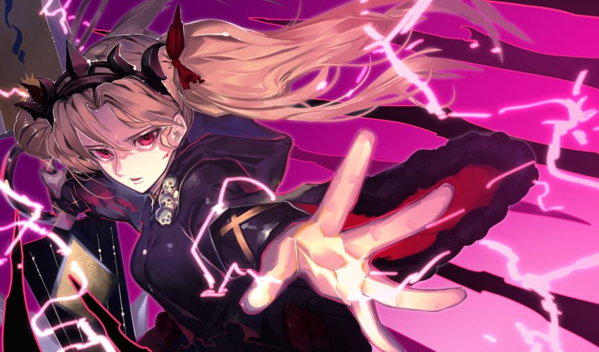 1girl arms_at_sides bangs black_dress black_robe bleeding blonde_hair blood blood_on_face breasts commentary cuts dress electricity ereshkigal_(fate) fate/grand_order fate_(series) fixro2n floating_hair foreshortening from_side frown hair_intakes hair_ribbon highres hood hood_down hooded_dress hooded_robe injury layered_sleeves long_hair long_sleeves looking_at_viewer open_hand outstretched_arms outstretched_hand parted_bangs parted_lips pink_background planted_weapon reaching_out red_eyes red_ribbon ribbon serious shaded_face skull small_breasts solo spread_arms spread_fingers sun_print tiara two_side_up upper_body weapon wide_sleeves