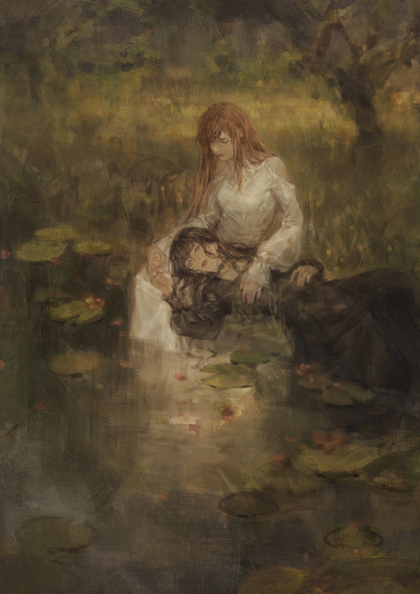 2girls black_dress black_hair brown_hair dress final_fantasy final_fantasy_xiv gaia_(ff14) grass highres lap_pillow looking_at_another lying multiple_girls on_back parted_lips partially_submerged red_lips ryne sukiri tree water white_dress