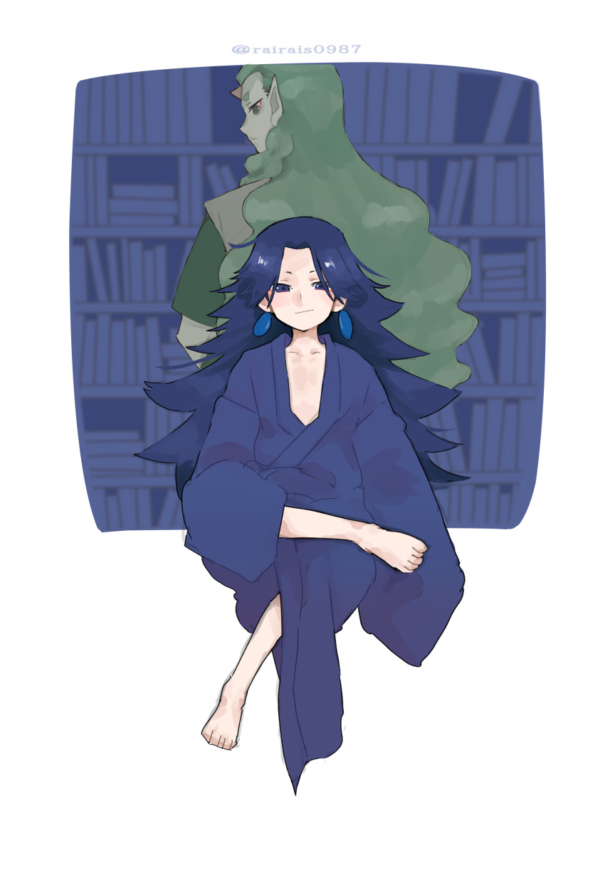 2boys absurdres barefoot blue_hair blue_robe bookshelf diting_(the_legend_of_luoxiaohei) green_hair highres horns kizumi-cp-loveww laojun_(the_legend_of_luoxiaohei) long_hair multiple_boys oversized_clothes pointy_ears profile single_horn the_legend_of_luo_xiaohei