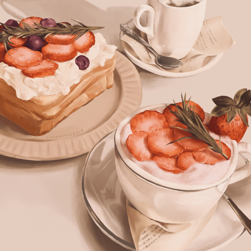 blueberry bread bread_slice coffee_cup cream cup disposable_cup drink food food_focus fruit garnish highres napkin no_humans original paper pastry plate realistic sleepypixieart spoon still_life strawberry utensil