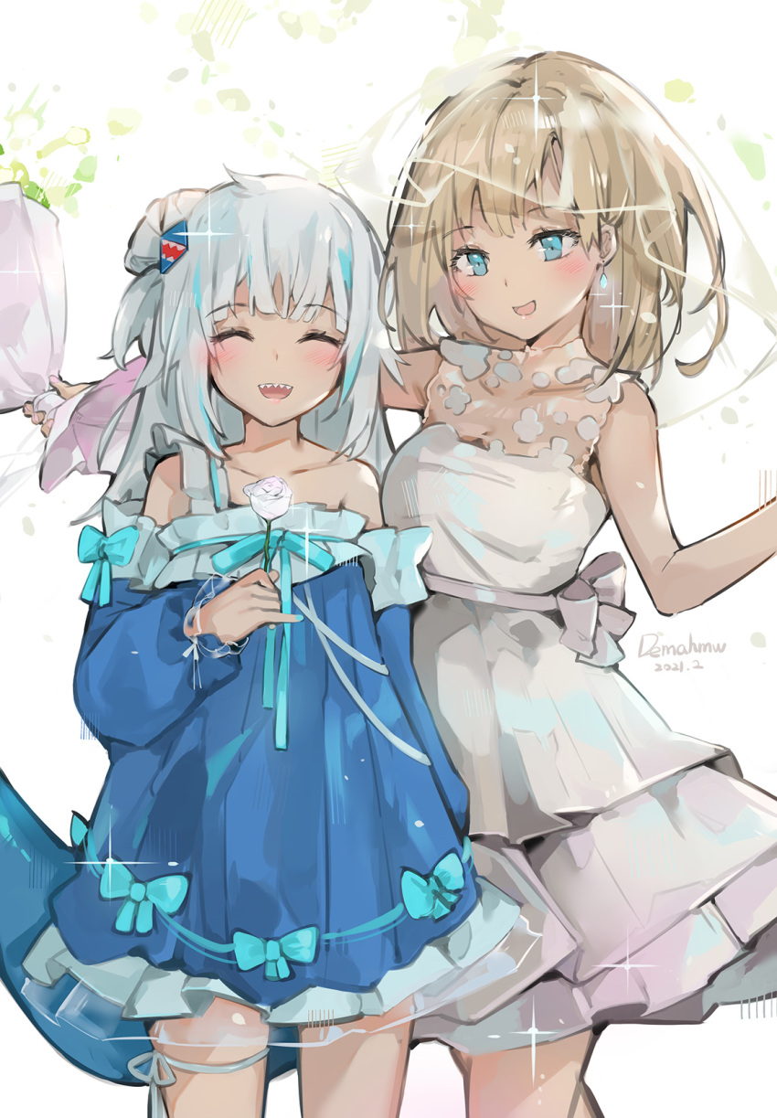 2girls :d ^_^ bangs bare_arms bare_shoulders blue_bow blue_dress blue_eyes blue_hair blue_sleeves bouquet bow breasts closed_eyes commentary dated dema_hmw detached_sleeves dress eyebrows_visible_through_hair fish_tail flower gawr_gura glowing hair_ornament highres holding holding_bouquet holding_flower hololive hololive_english light_brown_hair long_sleeves medium_breasts multicolored_hair multiple_girls open_mouth puffy_long_sleeves puffy_sleeves rose shark_tail sharp_teeth signature single_strap sleeveless sleeveless_dress sleeves_past_wrists smile standing streaked_hair tail teeth two_side_up virtual_youtuber watson_amelia white_dress white_flower white_hair white_rose