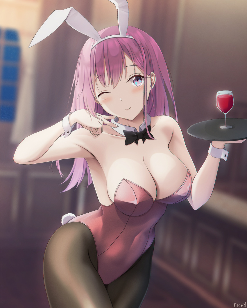 1girl ;) alcohol animal_ears artist_name bangs bare_arms bare_shoulders blue_eyes blurry blush bow bowtie breasts brown_legwear bunny_tail collarbone commission covered_navel cowboy_shot cup depth_of_field detached_collar drinking_glass eyebrows_visible_through_hair fake_animal_ears hands_up highres holding holding_tray indoors keenh large_breasts leotard long_hair looking_at_viewer one_eye_closed original pantyhose pink_hair playboy_bunny rabbit_ears red_leotard signature smile solo standing strapless strapless_leotard tail tray v wine wine_glass wrist_cuffs