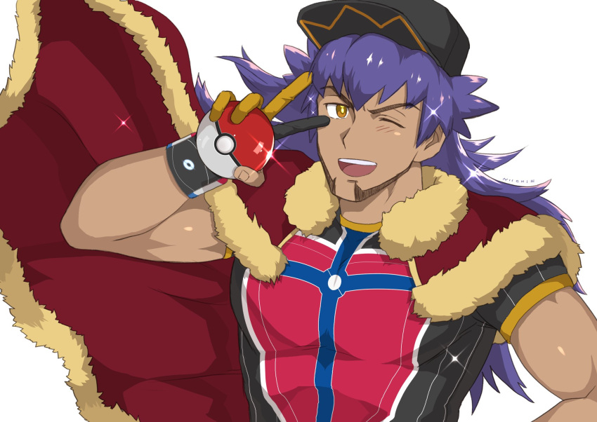 1boy bangs baseball_cap brown_eyes cape champion_uniform commentary dark_skin dark_skinned_male dynamax_band facial_hair floating_cape fur-trimmed_cape fur_trim gloves hand_up hat highres holding holding_poke_ball leon_(pokemon) light_blush long_hair looking_at_viewer male_focus niichi_(niichi21) one_eye_closed open_mouth partially_fingerless_gloves poke_ball poke_ball_(basic) pokemon pokemon_(game) pokemon_swsh purple_hair red_cape shirt short_sleeves smile solo sparkle teeth tongue upper_body v