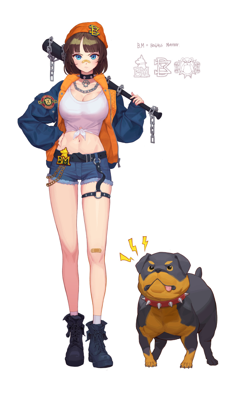 1girl absurdres bandaid bandaid_on_face bandaid_on_knee bat blue_eyes blue_jacket blue_shorts boots brown_hair brushdog bulldog chain crop_top dog hat highres jacket midriff original shirt short_hair shorts simple_background thigh_strap tied_shirt white_background