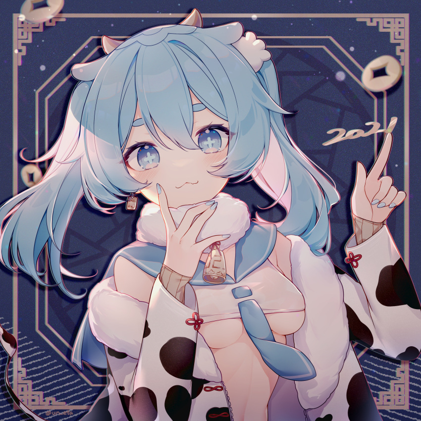 +_+ 1girl 2021 absurdres animal_ears animal_print bangs bell blue_eyes blue_hair blue_nails blue_neckwear blue_sailor_collar breasts chinese_zodiac cow_ears cow_girl cow_horns cow_print cow_tail crop_top earrings eta eyebrows_behind_hair fur-trimmed_jacket fur_collar fur_trim hair_between_eyes highres horns huge_filesize jacket jewelry long_sleeves looking_at_viewer medium_breasts nail_polish necktie new_year off_shoulder open_clothes open_jacket original print_jacket sailor_collar shirt short_eyebrows sleeveless sleeveless_shirt sleeves_past_wrists solo tail thick_eyebrows twintails under_boob upper_body white_jacket white_shirt year_of_the_ox