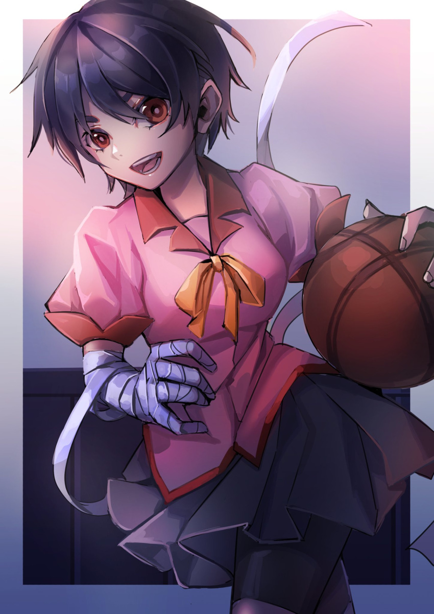 :d bakemonogatari bandages basketball bike_shorts black_hair black_shorts black_skirt breasts brown_eyes highres juliet_sleeves kanbaru_suruga long_sleeves looking_at_viewer medium_breasts monogatari_(series) myuga66666 naoetsu_high_school_uniform neck_ribbon open_mouth outside_border pink_shirt pleated_skirt puffy_sleeves ribbon school_uniform shirt short_hair short_sleeves shorts skirt smile thick_eyebrows wainscoting white_background yellow_ribbon