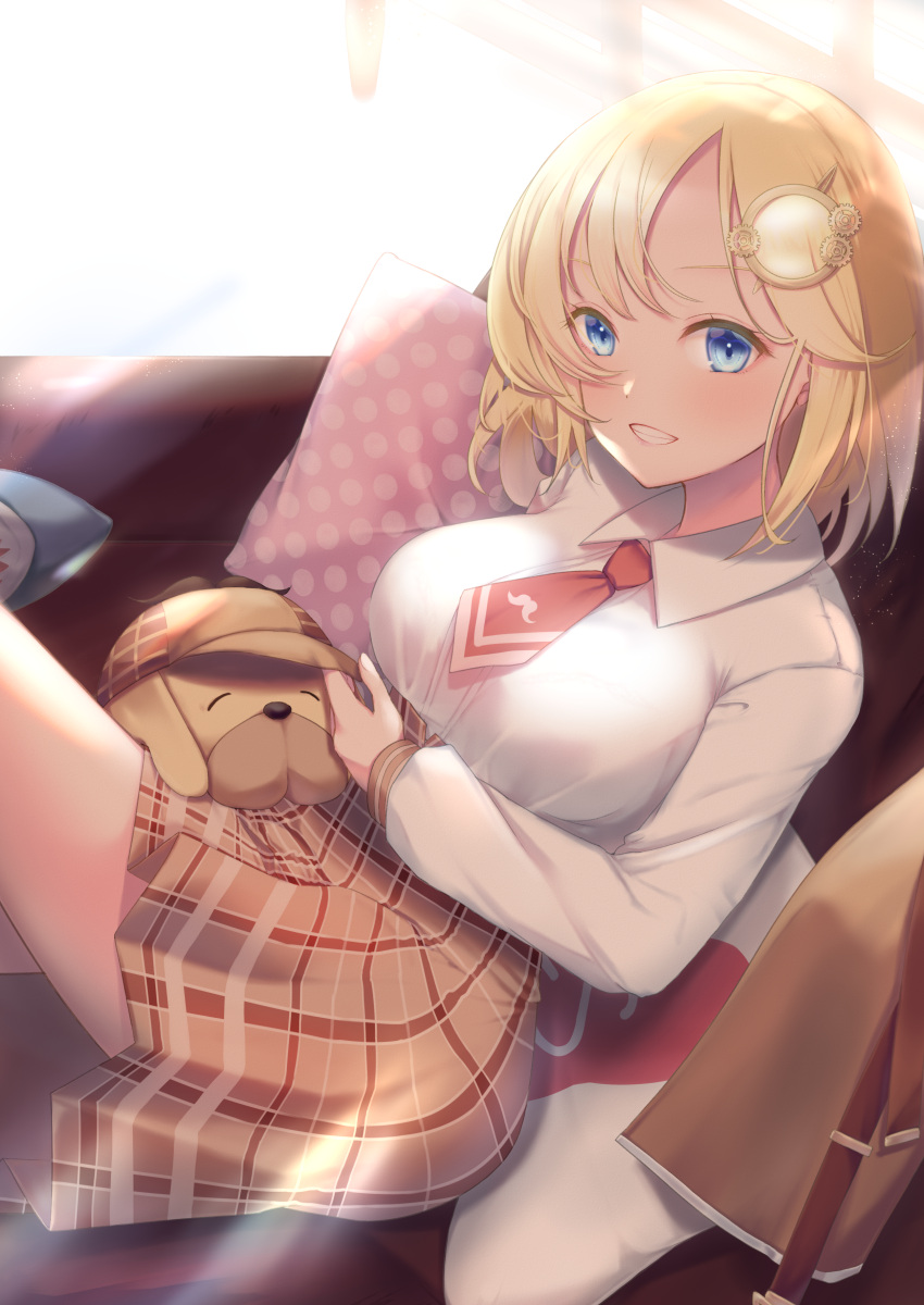 1girl :d absurdres arm_under_breasts bangs blonde_hair blue_eyes bralines breasts brown_coat brown_headwear brown_skirt bubba_(watson_amelia) closed_eyes coat collar collarbone couch crossed_legs dog dress_shirt hair_ornament heart heart_print highres hololive hololive_english ichi-go large_breasts light_blush long_sleeves looking_at_viewer medium_hair monocle monocle_hair_ornament mustache_print necktie open_mouth pillow plaid plaid_headwear plaid_skirt pleated_skirt polka_dot_pillow red_neckwear shirt sitting skirt smile solo stuffed_animal stuffed_toy virtual_youtuber watson_amelia white_collar white_shirt